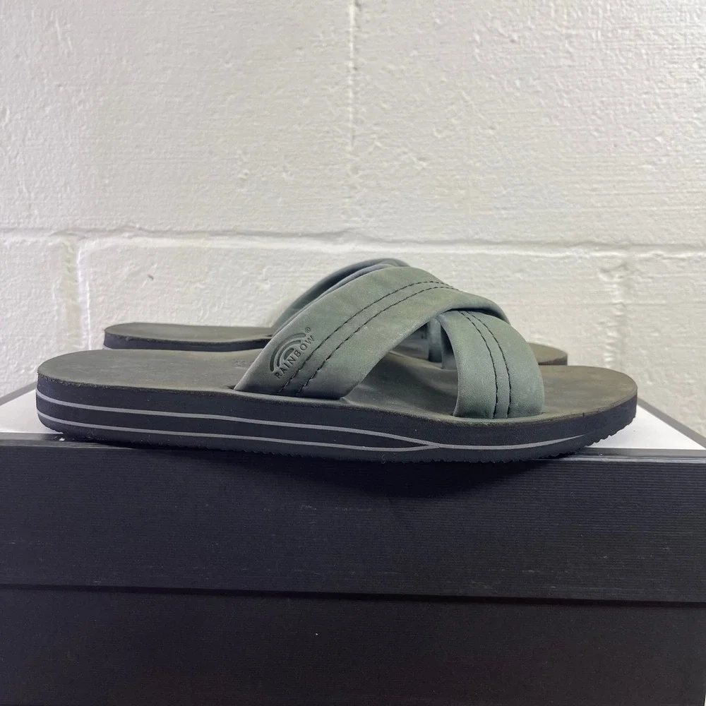 Rainbow Men's Sandals Crisscross Sage Green Leather Slide Slip On Size 10